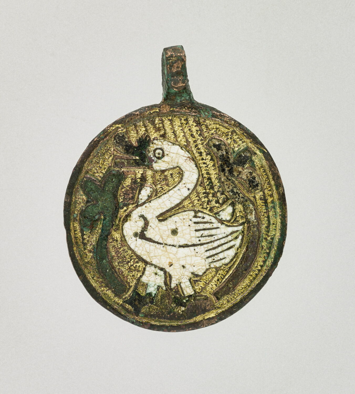 Grand Pendentif Cygne Orena Paris, Métal Doré Et émail Vert, Bijou Vintage