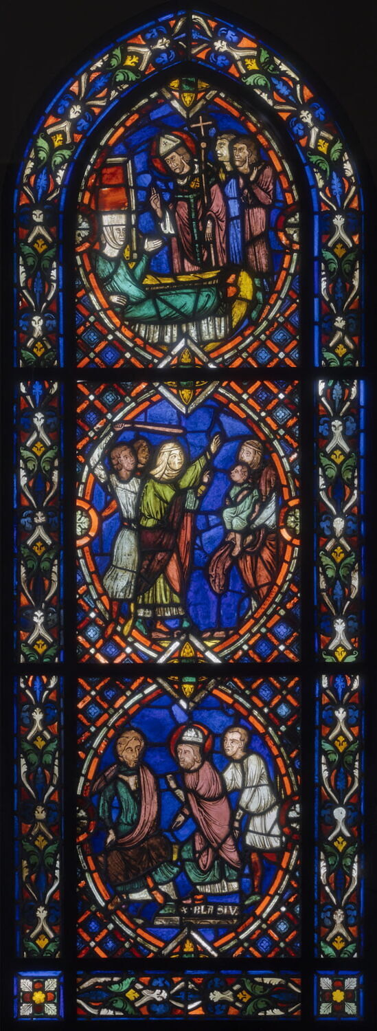 Vitrail : fenêtre complète se composant de 10 pièces illustrant des scènes de la vie de saint Blaise