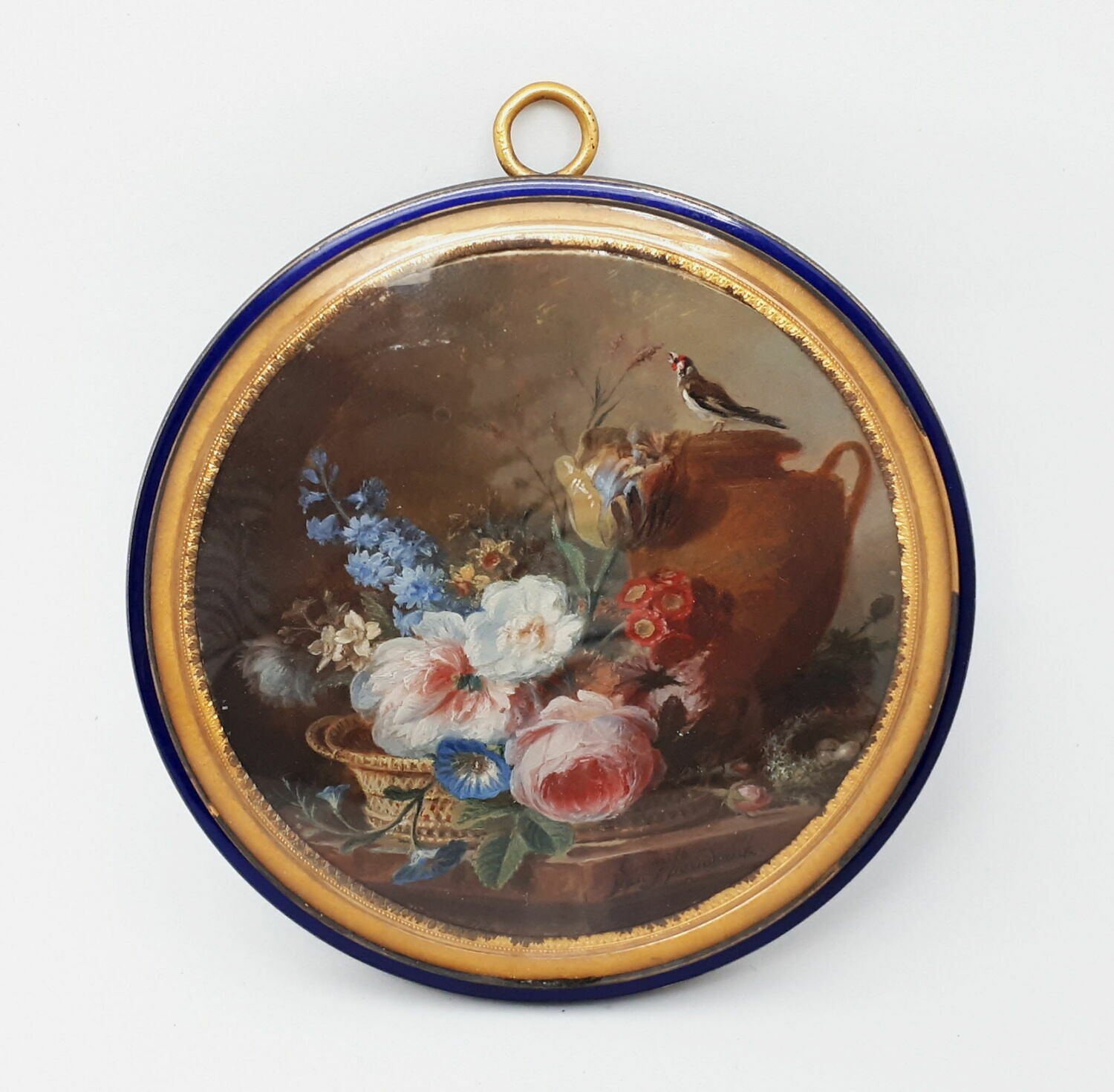 Miniature ronde avec nature morte : corbeille de fleurs et chardonneret sur un vase, Spaendonck, Cornelis van, 1750 - 1800