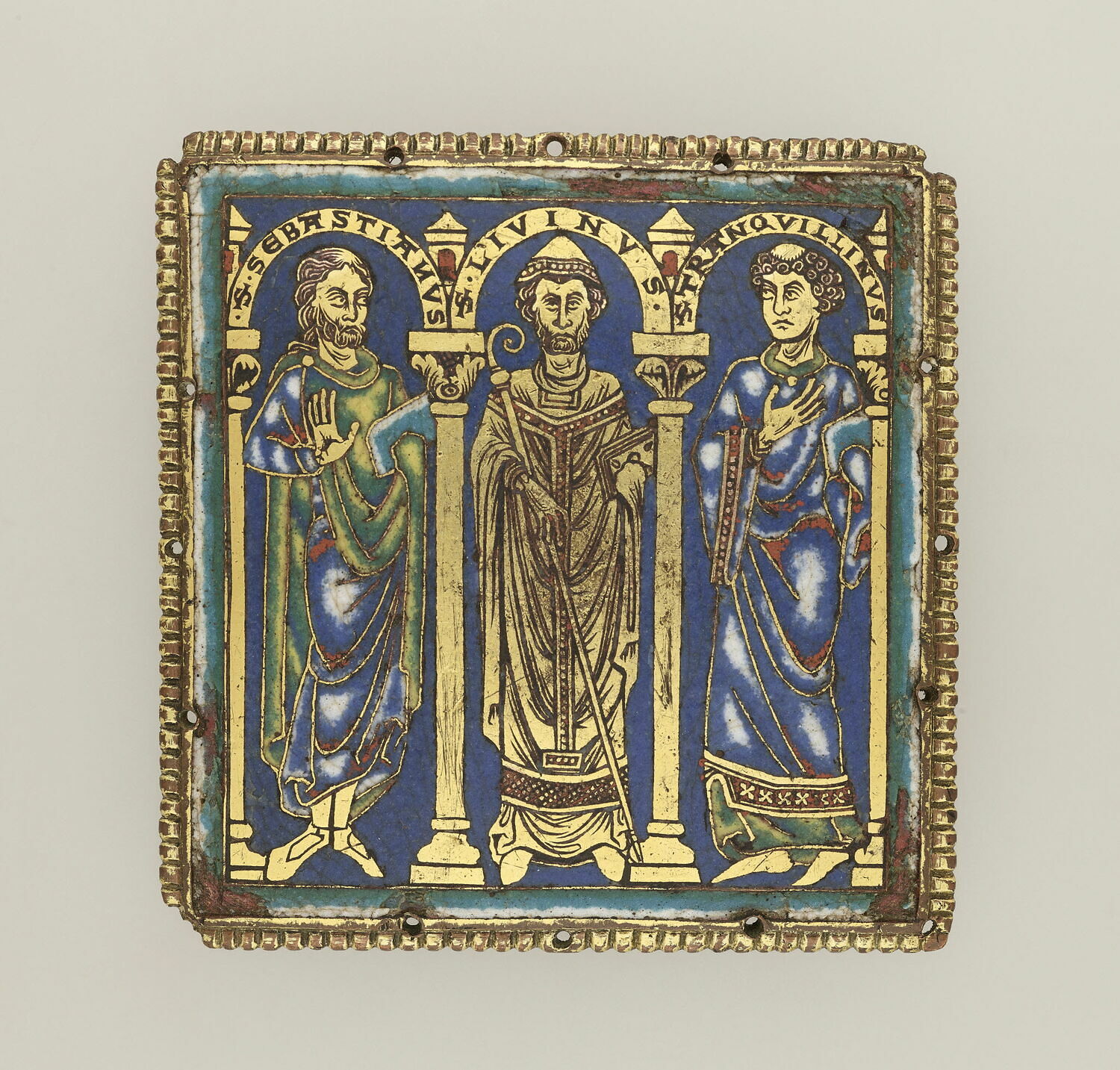 Plaque émaillée : les saints Sébastien, Liévin, Tranquillin