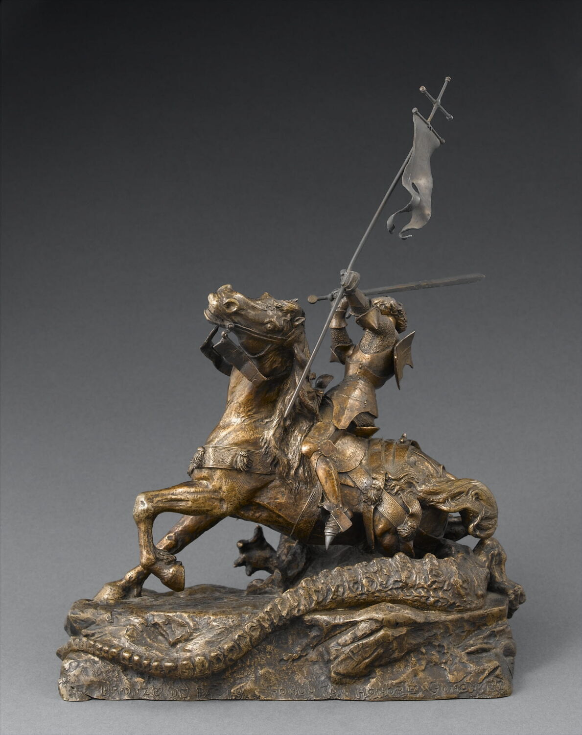 Saint Georges Terrassant Le Dragon – Sculpture Façon Bronze – Résine – Sur Socle