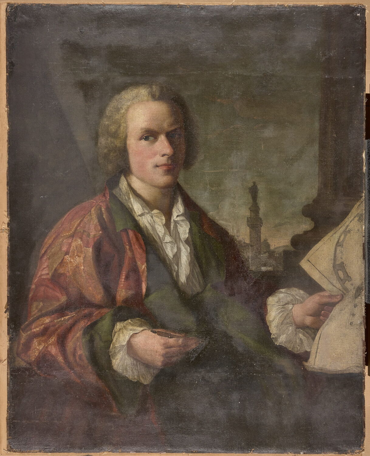 Portrait d'un architecte devant la colonne Trajane, Anonyme, XVIIIe siècle (1700 - 1800)