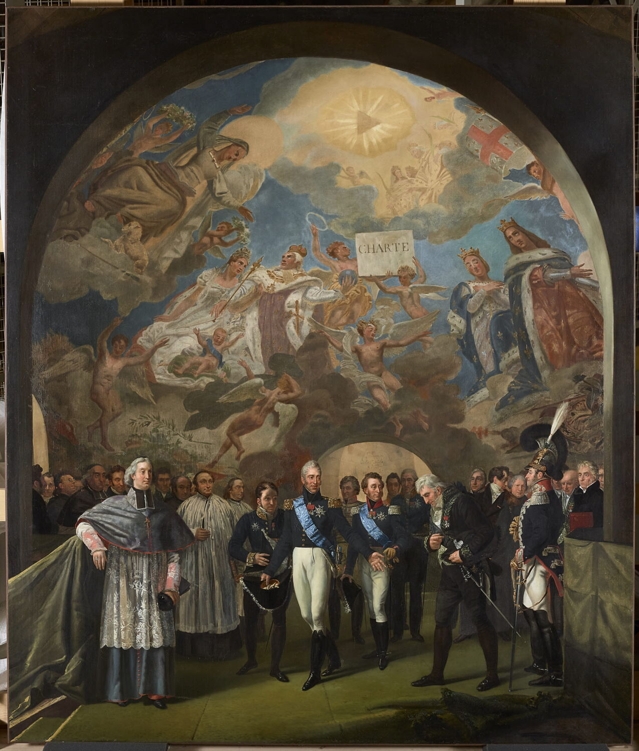 Le Roi Charles X visite les peintures de Gros à la coupole de l'église Sainte-Geneviève, le 24 novembre 1824, Lemasle, Louis Nicolas,  (1825 - 1827)