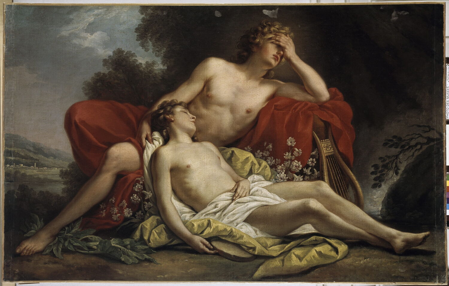Apollon pleurant Hyacinthe ou Hyacinthe changé en fleur, Jollain, Nicolas René, 3e quart du XVIIIe siècle (1768)