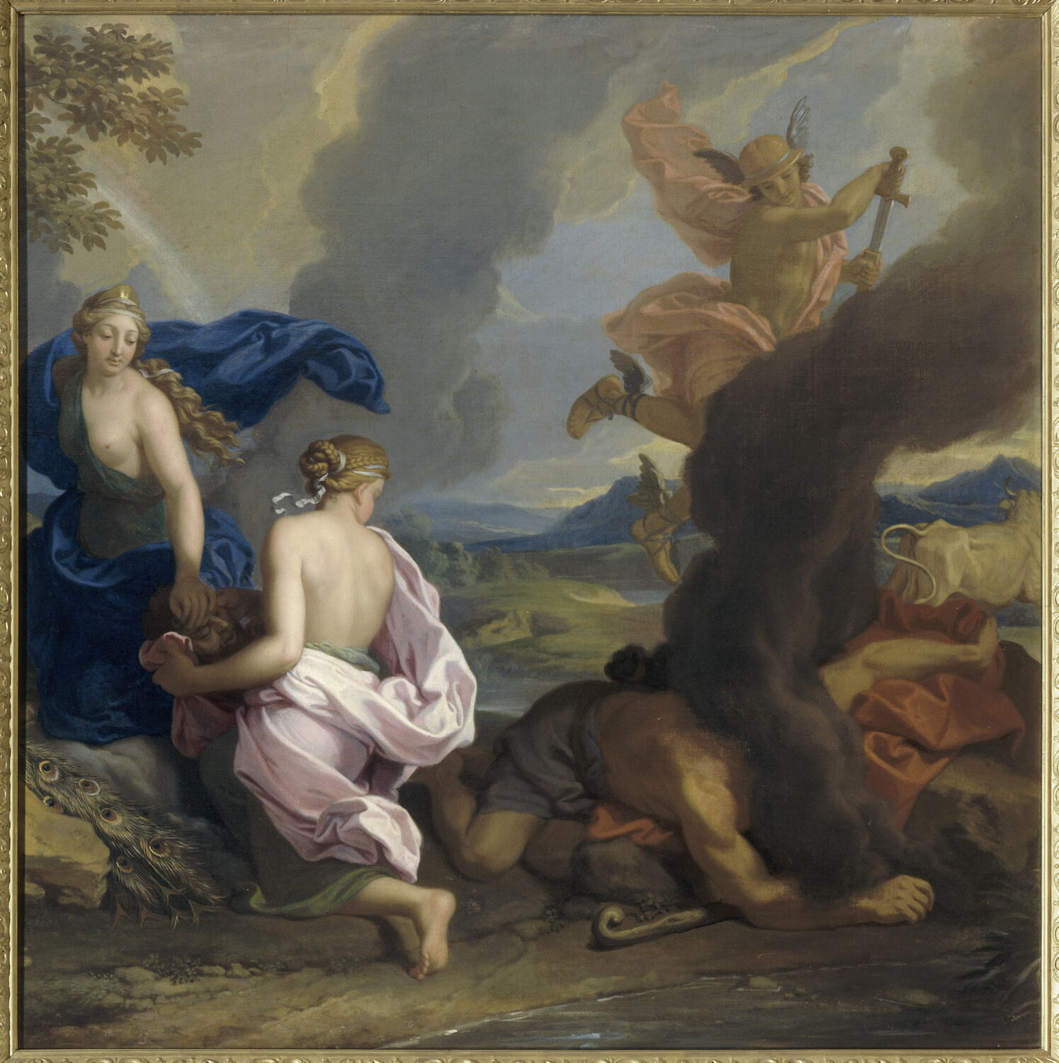 Mercure s'envole après avoir coupé la tête d'Argus, Junon attachant les yeux d'Argus à la queue de son paon, Verdier, François, 4e quart du XVIIe siècle (vers 1688)