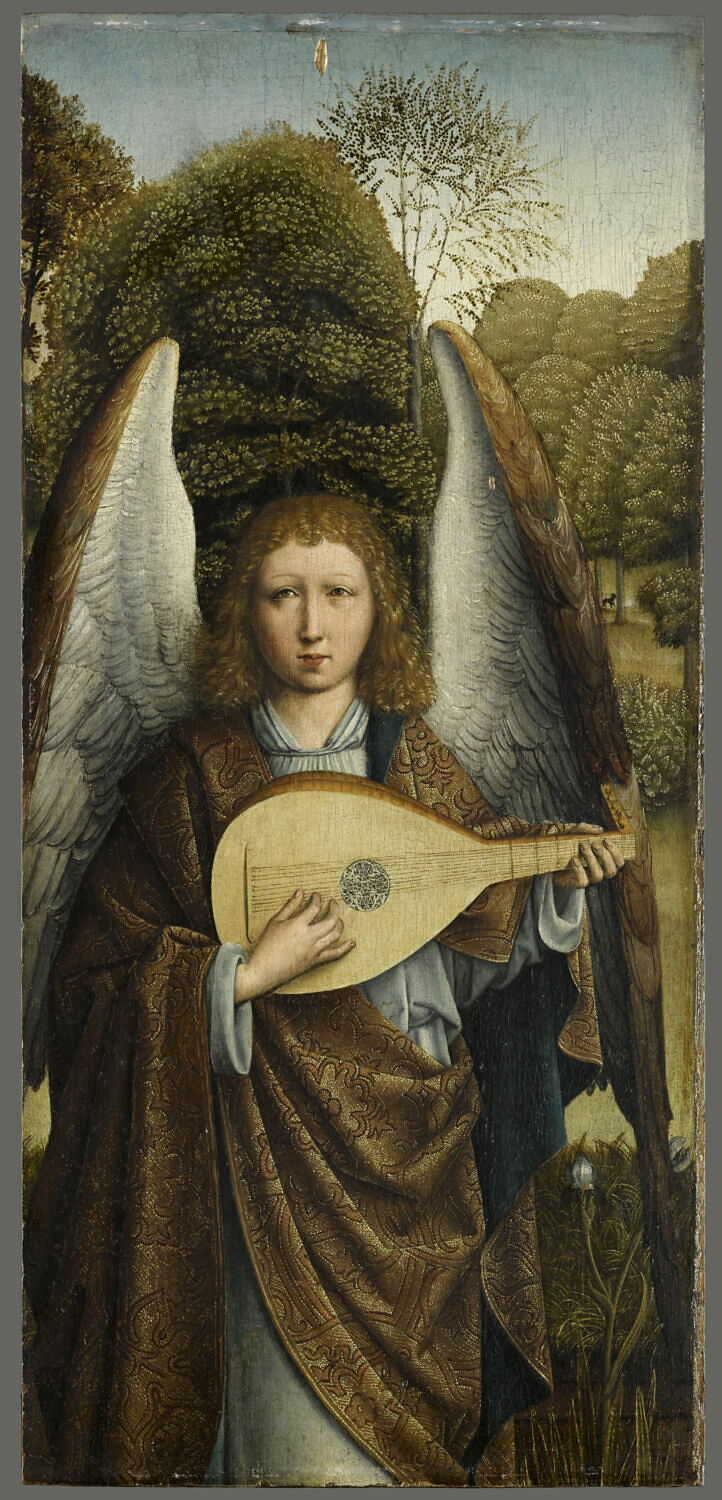 Ange musicien jouant du luth, Maître du feuillage en broderie, Fin du XVe siècle - début du XVIe siècle (1475 - 1525)