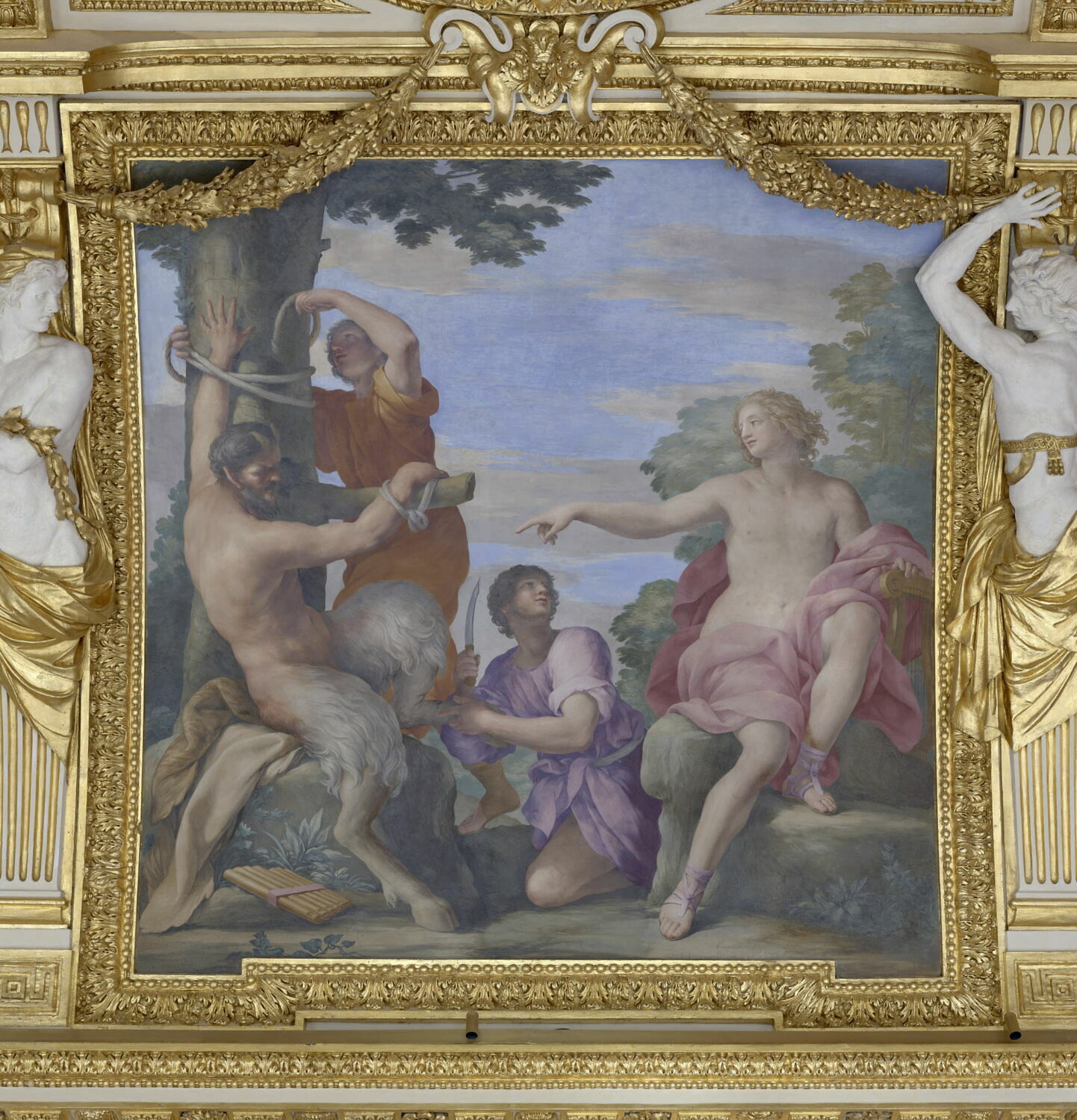 Plafond : Salle des Saisons -Apollon et Marsyas, au dessus de la corniche, côté ouest, Romanelli, Giovanni Francesco, 2e quart du XVIIe siècle (1625 - 1650)