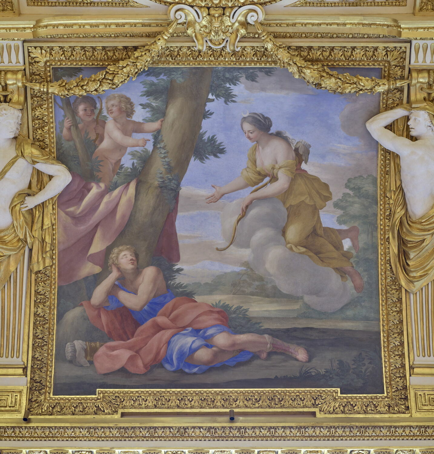 Plafond : Salle des Saisons -Diane et Endymion, au dessus de la corniche, côté est, Romanelli, Giovanni Francesco, 2e quart du XVIIe siècle (1625 - 1650)