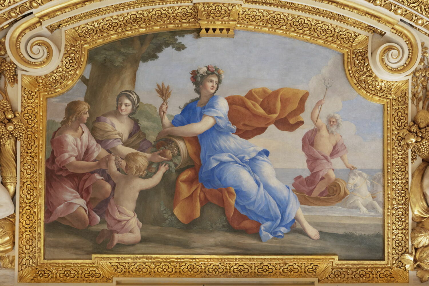 Plafond : Salon de la paix : La déesse de l'Agriculture encourageant les travaux de la campagne (ou l'Abondance), au dessus de la corniche, côté nord., Romanelli, Giovanni Francesco, 2e quart du XVIIe siècle (1625 - 1650)