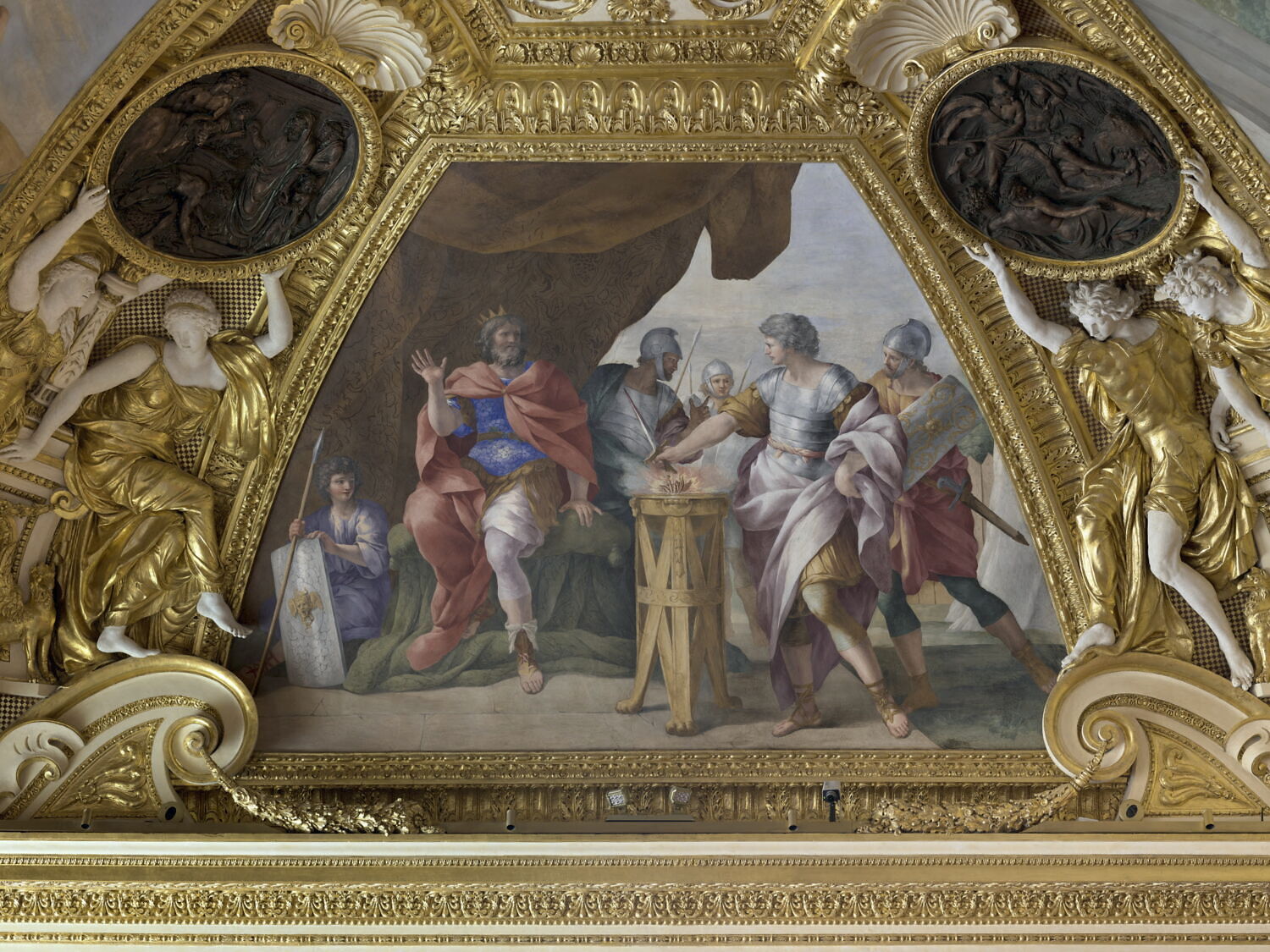 Plafond : Salle de Septime Sévère - Mucius Scaevola, au dessus de la corniche, côté sud., Romanelli, Giovanni Francesco, 2e quart du XVIIe siècle (1625 - 1650)
