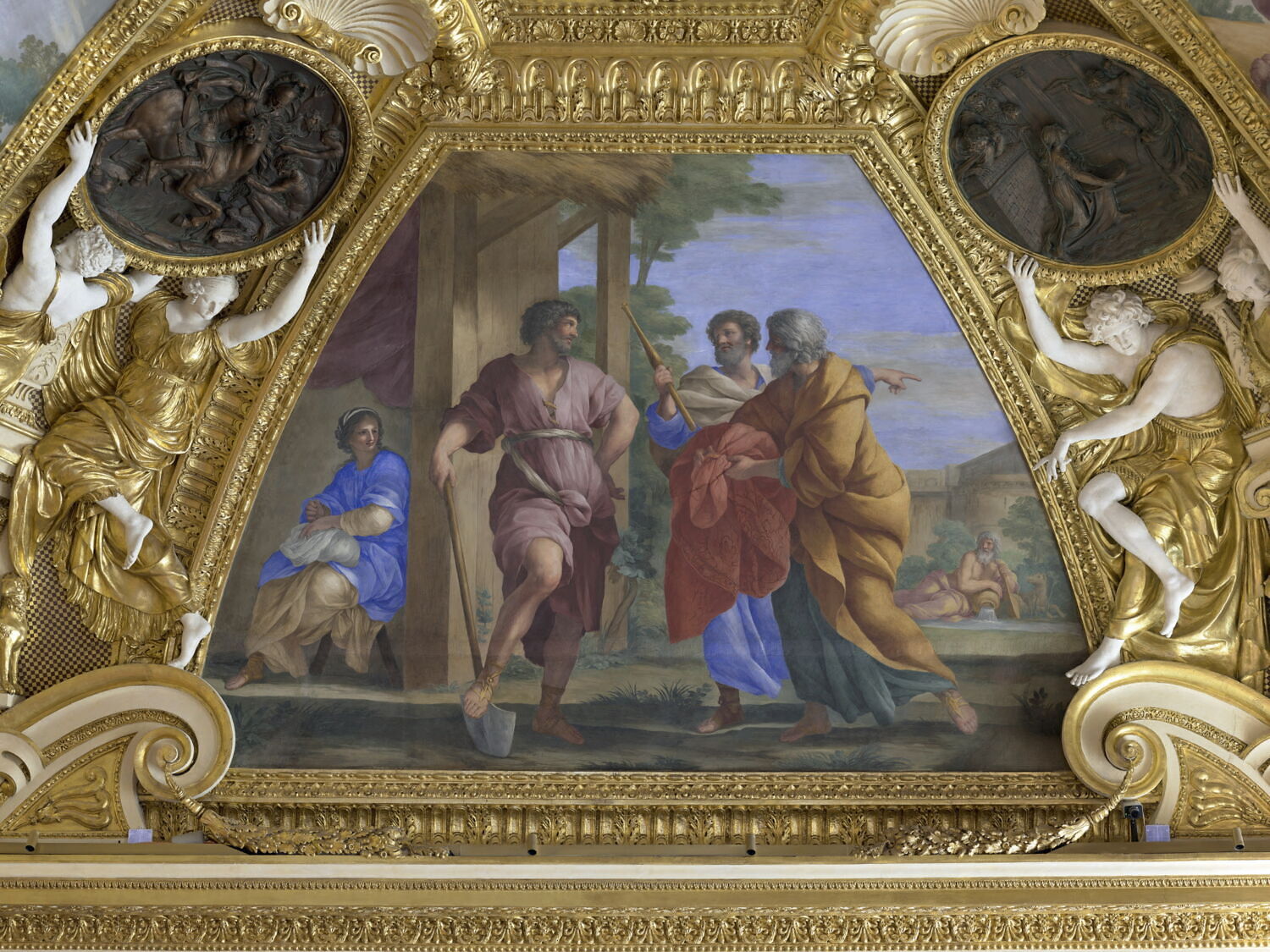 Plafond : Salle de Septime Sévère - Les députés du Sénat apportant la pourpre à Cincinnatus, au dessus de la corniche, côté nord., Romanelli, Giovanni Francesco, 2e quart du XVIIe siècle (1625 - 1650)