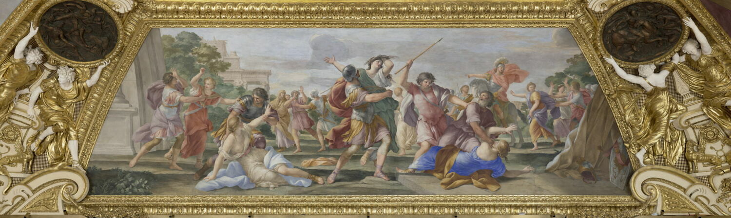 Plafond : Salle de Septime Sévère - L'enlèvement des Sabines, au dessus de la corniche, côté ouest,, Romanelli, Giovanni Francesco, 2e quart du XVIIe siècle (1625 - 1650)