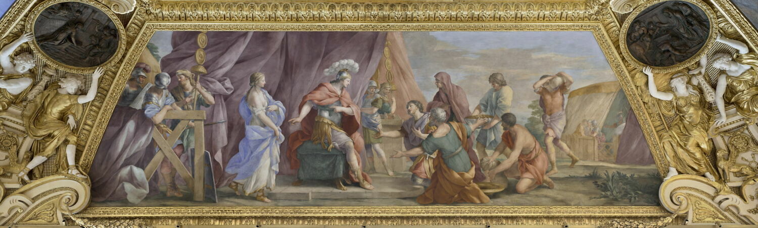 Plafond : Salle de Septime Sévère - La Continence de Scipion, au dessus de la corniche, côté est., Romanelli, Giovanni Francesco, 2e quart du XVIIe siècle (1625 - 1650)