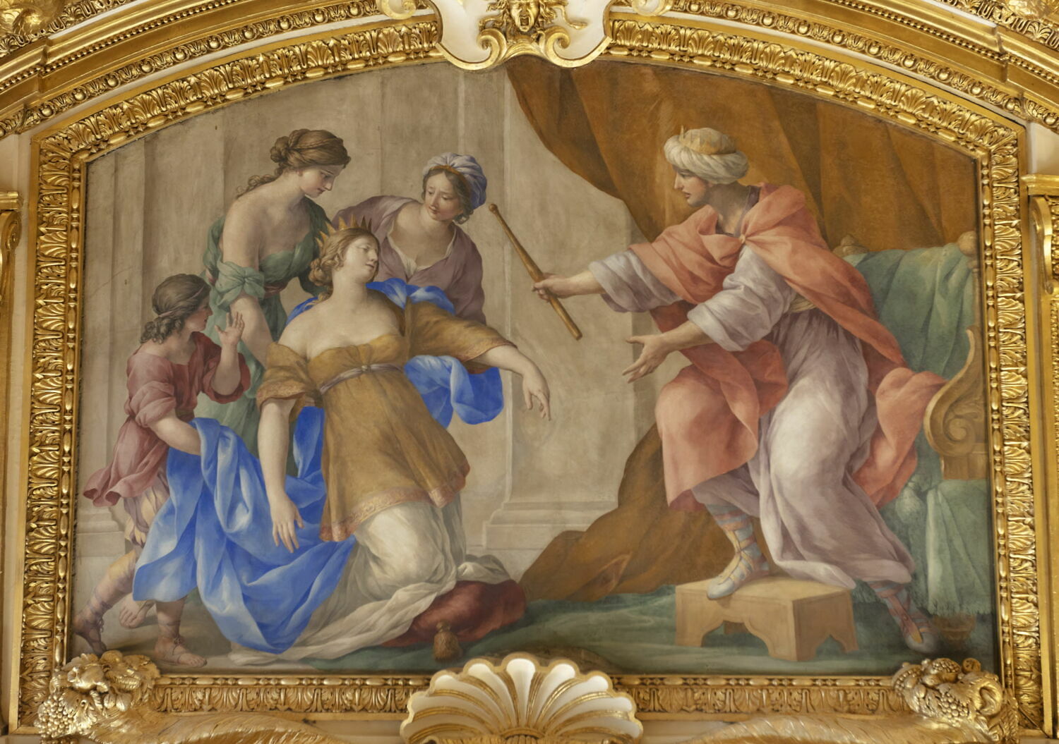 Plafond : Salle des Antonins - Esther et Assuérus, au dessus de la corniche, côté sud,, Romanelli, Giovanni Francesco, 2e quart du XVIIe siècle (1625 - 1650)