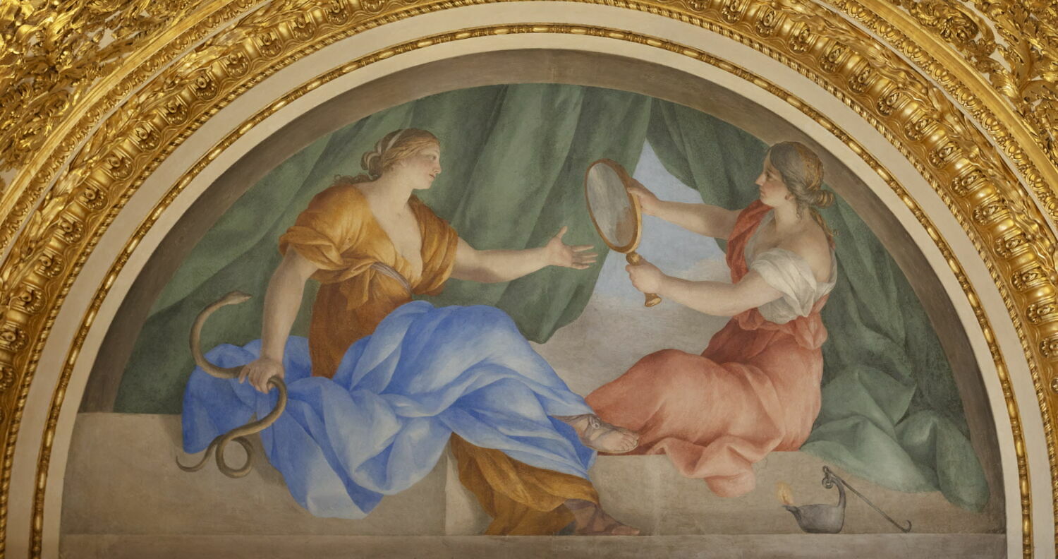 Plafond : Salle des Antonins - La Prudence et la Prévoyance, au dessus de la corniche, côté ouest, au centre., Romanelli, Giovanni Francesco, 2e quart du XVIIe siècle (1625 - 1650)