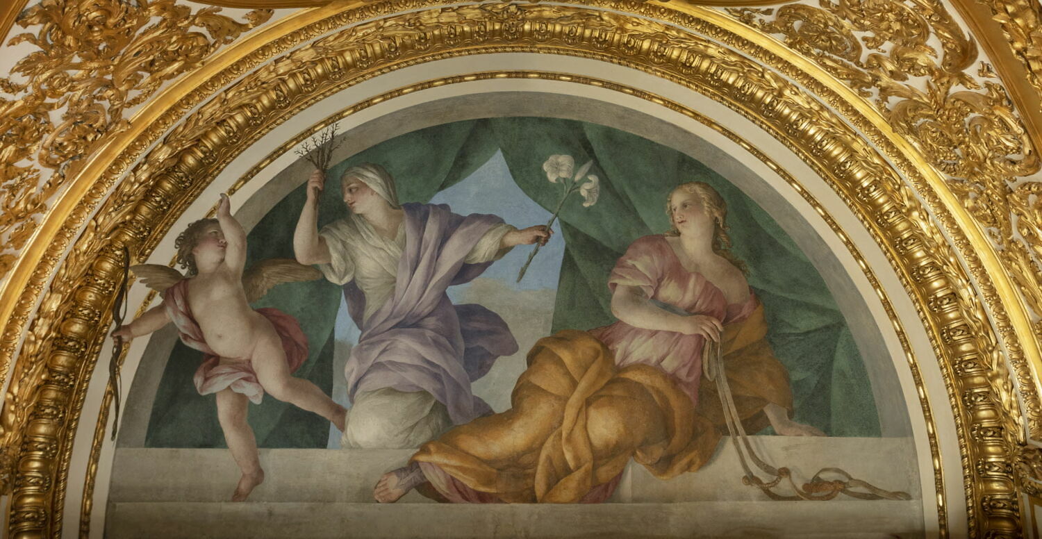 Plafond : Salle des Antonins - La Continence et la Vertu, au dessus de la corniche, côté ouest au centre., Romanelli, Giovanni Francesco, 2e quart du XVIIe siècle (1625 - 1650)