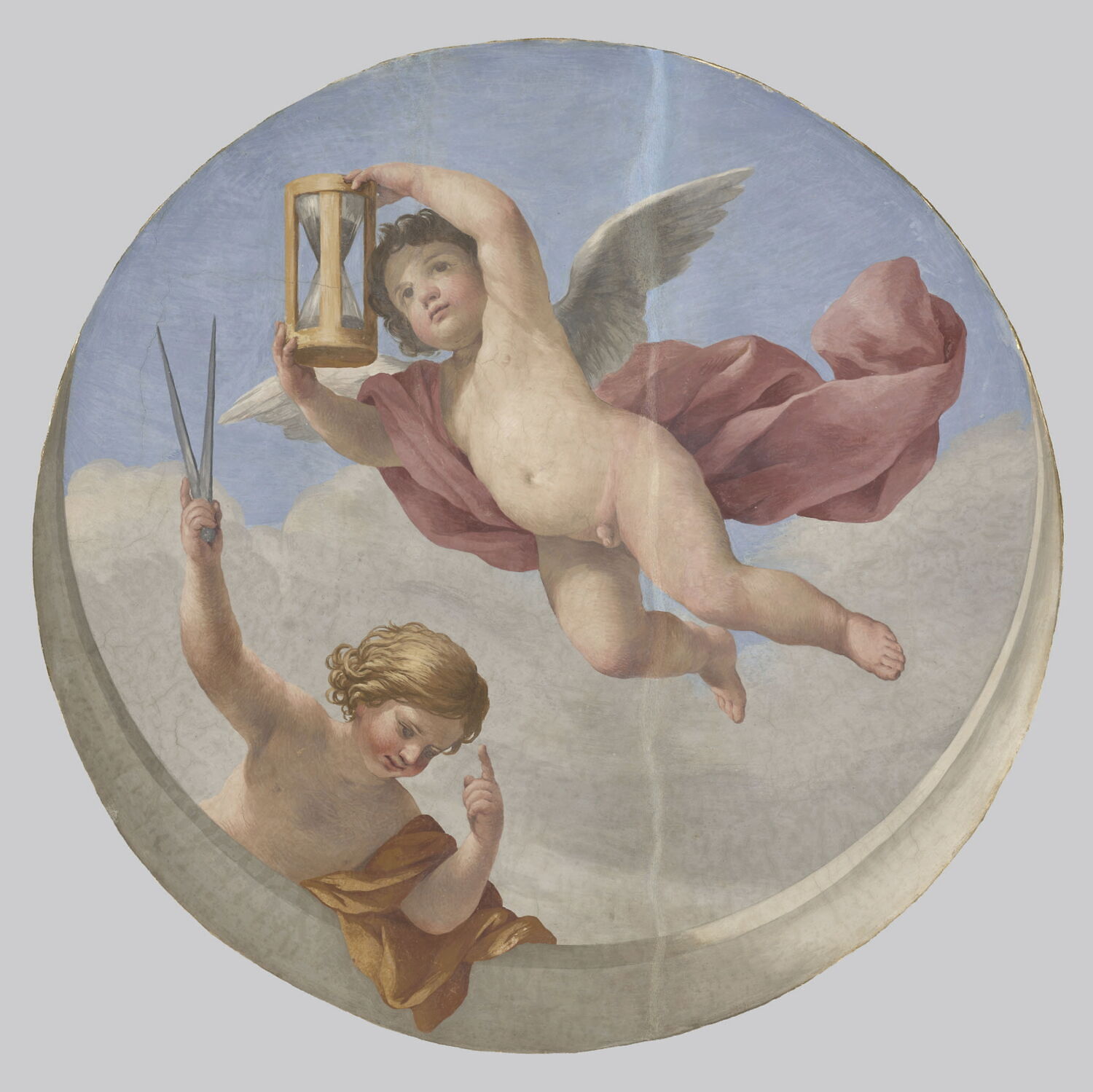 Plafond : Salle des Antonins - Les Génies du Temps (deux Amours tenant l'un un compas, l'autre un sablier), sur la voûte, côté est au centre, Romanelli, Giovanni Francesco, 2e quart du XVIIe siècle (1625 - 1650)
