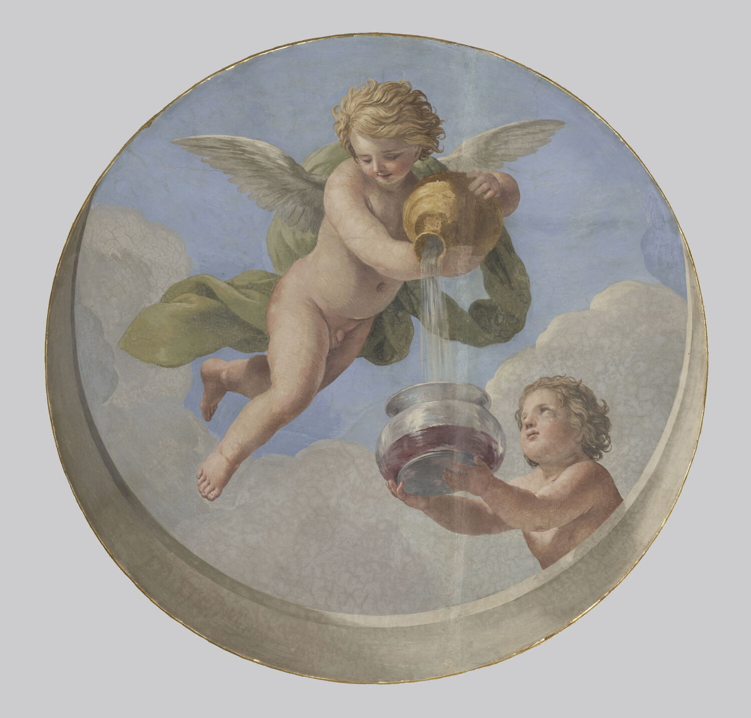 Plafond : Salle des Antonins - Les Génies des Eaux (deux Amours dont l'un verse de l'eau dans un récipient), sur la voûte côté ouest, au nord., Romanelli, Giovanni Francesco, 2e quart du XVIIe siècle (1625 - 1650)