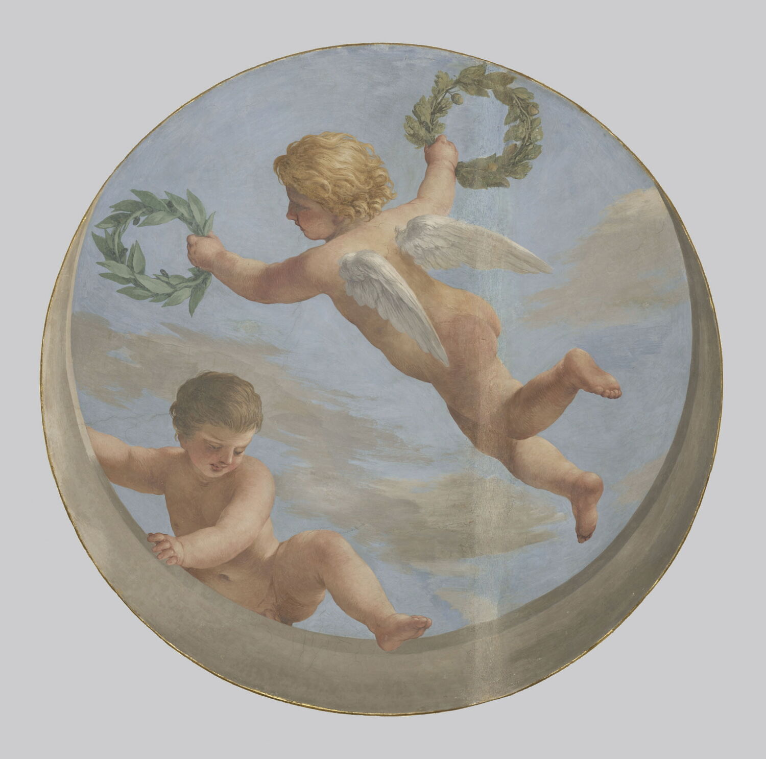 Plafond : Salle des Antonins - Les Génies de la Gloire (deux Amours dont l'un tient deux couronnes de lauriers), sur la voûte, côté est, au nord., Romanelli, Giovanni Francesco, 2e quart du XVIIe siècle (1625 - 1650)