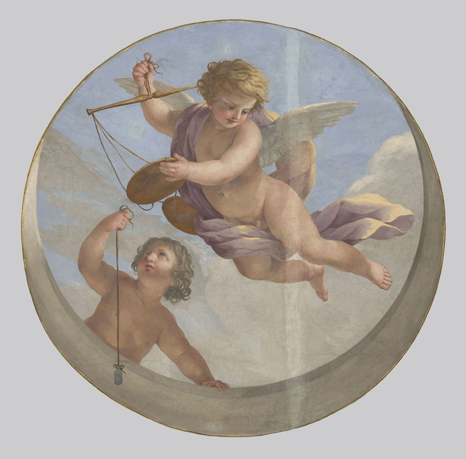 Plafond : Salle des Antonins - Les Génies de la Justice (deux Amours dont l'un tient un fil à plomb et l'autre une balance), sur la voûte, côté est au centre., Romanelli, Giovanni Francesco, 2e quart du XVIIe siècle (1625 - 1650)