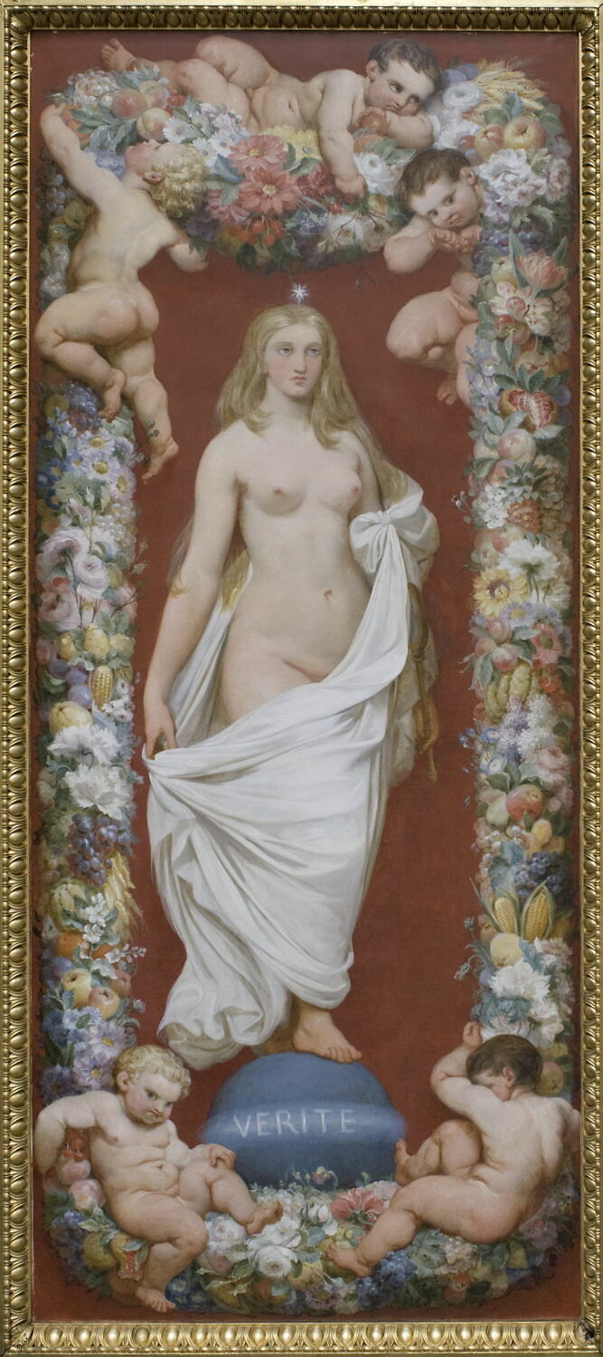Plafond (quatre compartiments périphériques) : Deux figures allégoriques (La Vérité ; La Philosophie) et deux frises d'enfants jouant avec une guirlande de fleurs, Alaux, Jean, 2e quart du XIXe siècle (1832)