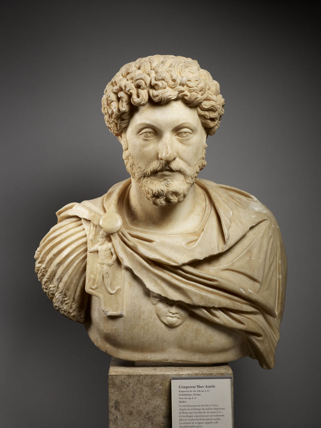 Buste de Marc Aurèle, romain impérial

Date de création/fabrication : 3e quart IIe s. ap. J.-C. (pendant du buste de Lucius Vérus (Ashmolean Museum, inv. 1947 277)) (vers 161)