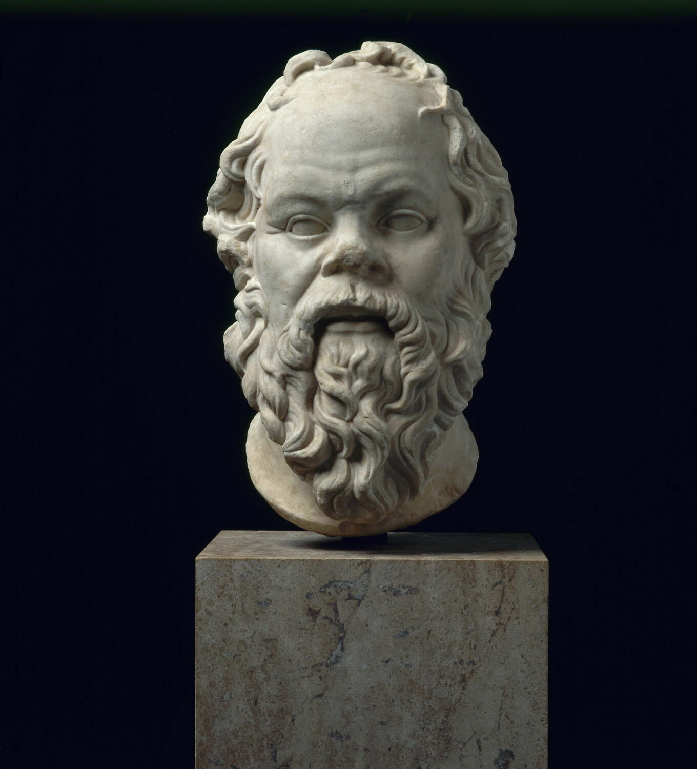 Portrait de Socrate, romain impérial

Date de création/fabrication : 4e quart Ie s. ap. J.-C. (?) ; 1e quart IIe s. ap. J.-C. (?) (4e quart Ie s. ap. J.-C. d'après Scheibler ; 1e quart IIe s. ap. J.-C. d'après Kruse ; ) (vers 75 - 125)