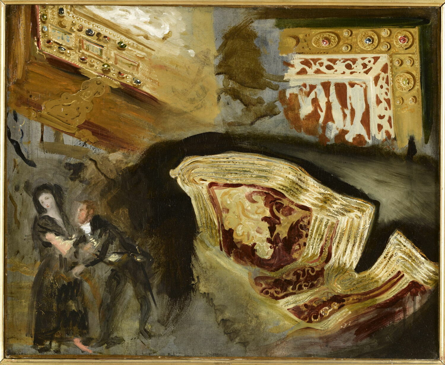 Étude d’après un des Caprices de Goya,
deux plats de reliures médiévales
et une veste orientale, Delacroix, Eugène, vers 1825