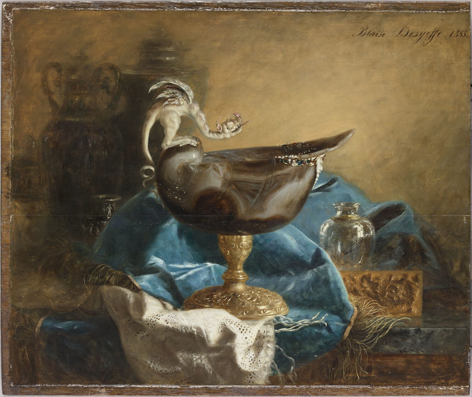 Nature morte à la coupe de sardoine en forme de nautile, posée sur une étoffe bleue, Desgoffe, Blaise Alexandre, XIXe siècle (1888)