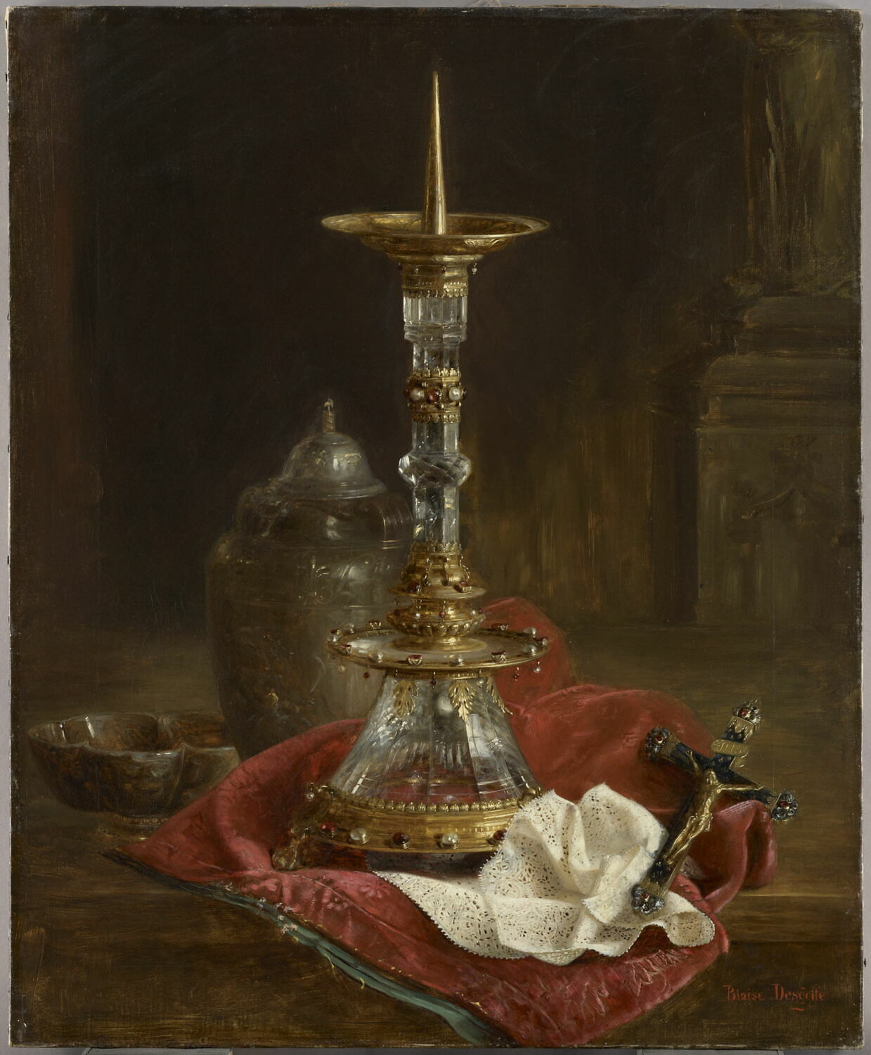 Nature morte au flambeau du trésor de l'ordre du Saint-Esprit, gemmes et crucifix, Desgoffe, Blaise Alexandre, XIXe siècle (1889)