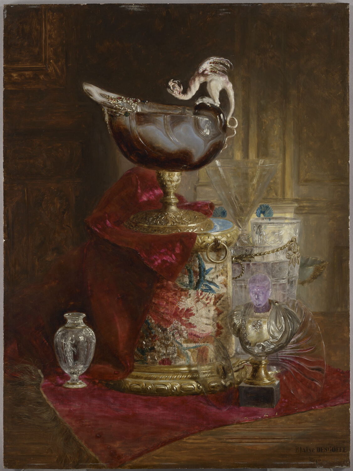 Nature morte à la coupe de sardoine en forme de nautile posée sur un socle habillé de tapisserie, urne, verres et buste d’empereur, Desgoffe, Blaise Alexandre, XIXe siècle (1896)