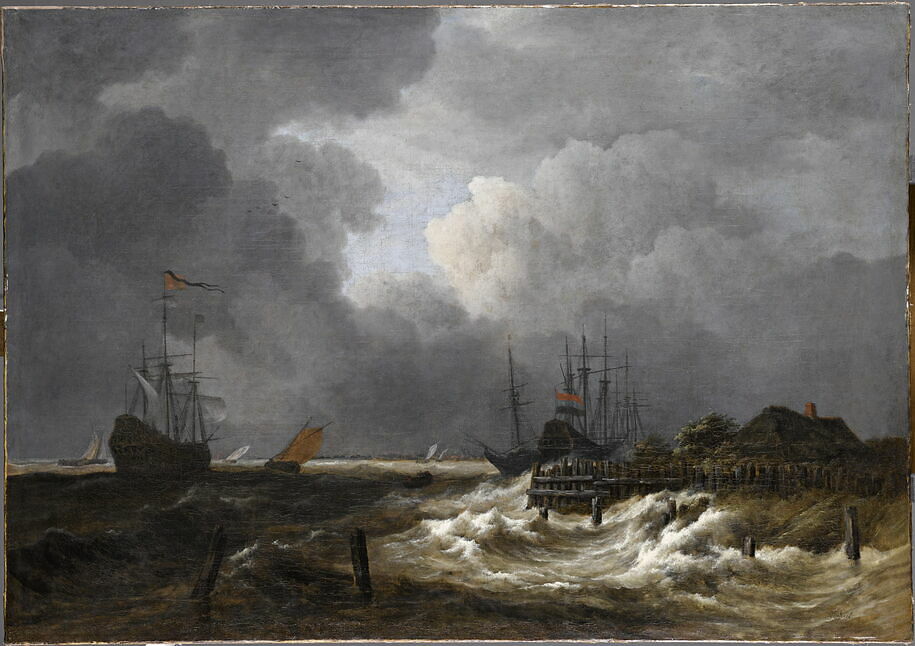 Ships in stormy weather off the coast