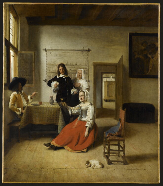 Woman drinking with two men and a maid in an interior