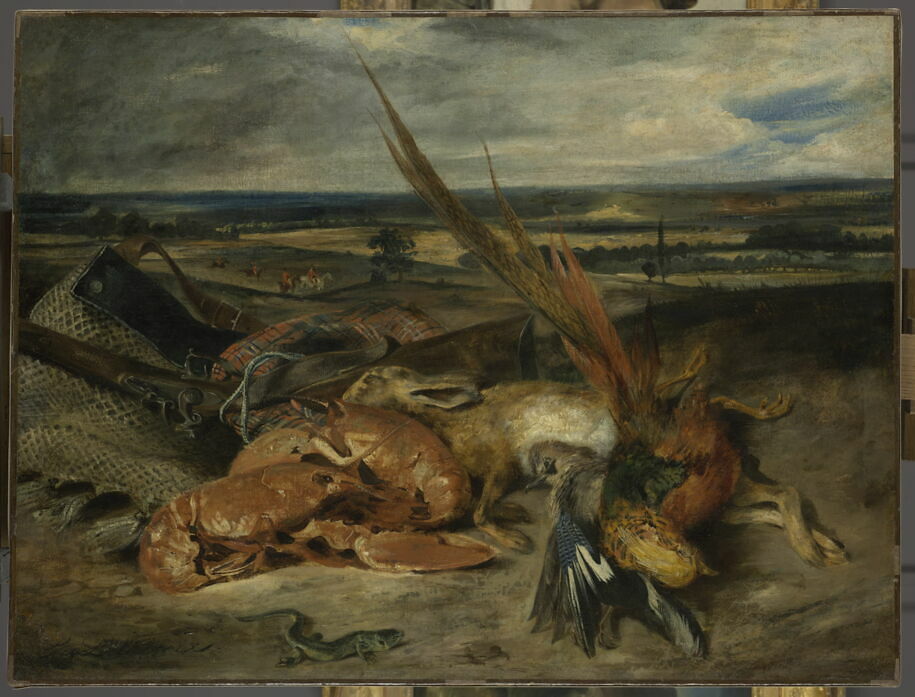 Nature morte au homard et trophées de chasse et de pêche