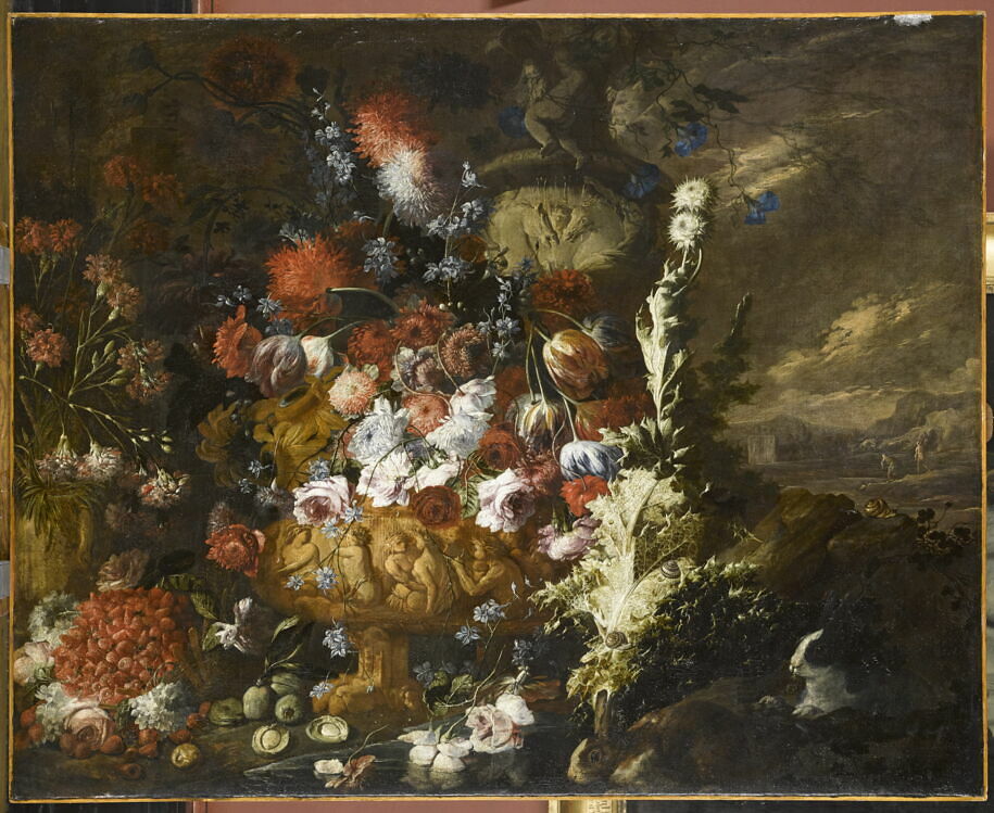 Landscape with Vases of Flowers and Fruits
