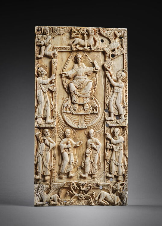 Bookbinding plaque: Christ between Saint Peter and Saint Paul