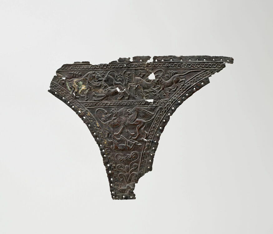 Revetment plaque: animals fighting (lion, griffon and bull)