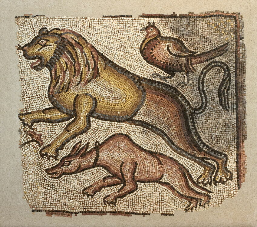 Animaux (scène de chasse ?) avec lion, faisan et chien