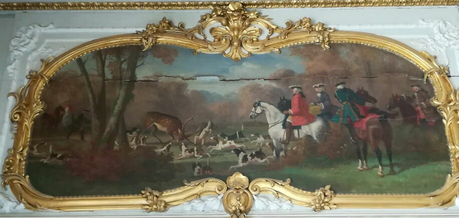 Gravure XIX ème signée scène de chasse à courre biche cerf traqué vénerie
