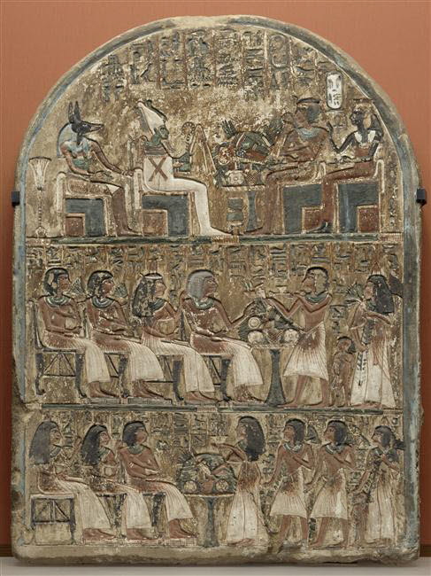 stèle cintrée ; stèle à trois registres, Séthi I ; Ramsès II (mention de personnage) (-1294 - -1212)