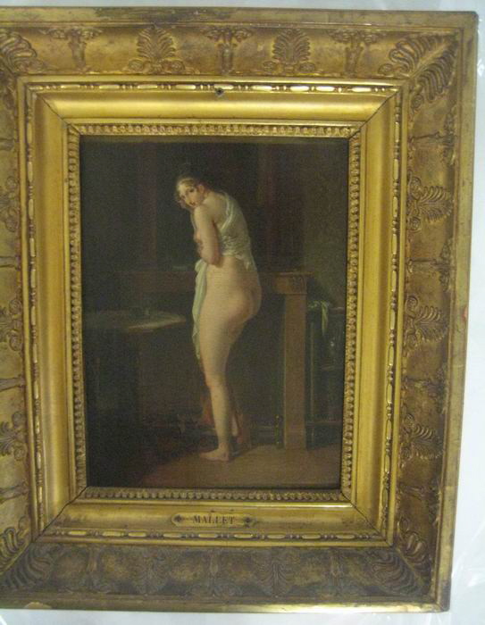 Jeune femme demi-nue se chauffant près d'une cheminée, Mallet, Jean Baptiste, XIXe siècle (1800 - 1900)