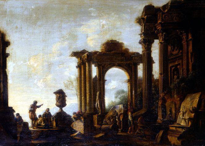 Ruines avec fontaine et arc, Ghisolfi, Giovanni, XVIIe siècle (1600 - 1700)