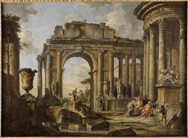 L'Aumône à Bélisaire dans des ruines, Panini, Giovanni Paolo, 2e quart du XVIIIe siècle (Vers 1730) (vers 1730)