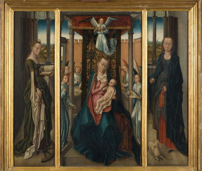 Tryptique : la Vierge trônant parmi les anges, sainte Catherine et sainte Agnès, Maître de Sainte Catherine, XVIe siècle (1500 - 1600)