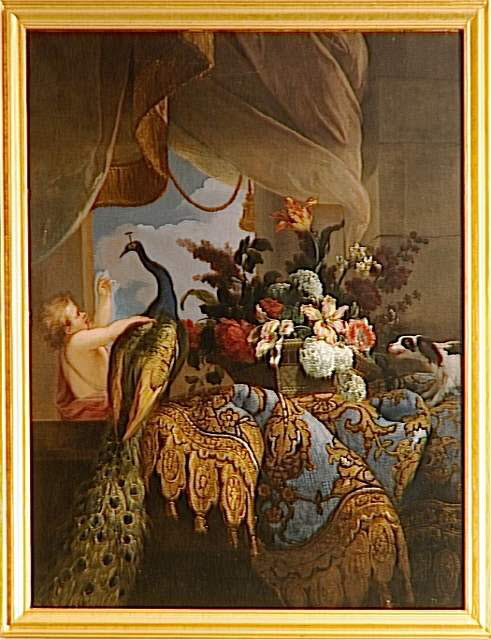 Des Fleurs et un enfant jouant avec un paon, Huilliot, Pierre-Nicolas, XVIIIe siècle (1700 - 1800)