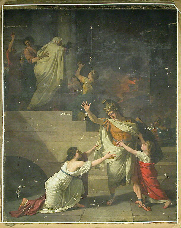 Énée, dans l'embrasement de Troie, voulant retourner au combat, est arrêté par sa femme Créuse, Suvée, Joseph Benoît, 4e quart du XVIIIe siècle (Salon de 1785) (1785)