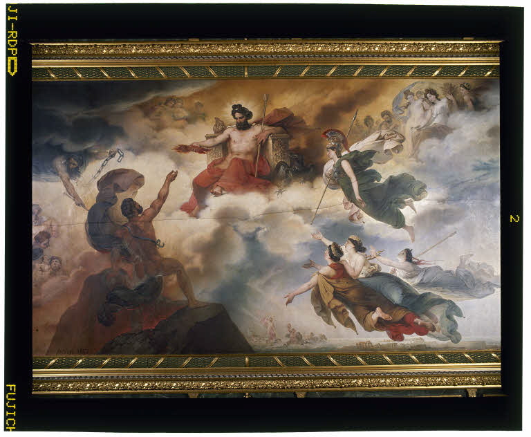 Plafond : Le Vésuve personnifié reçoit de Jupiter le feu qui doit consumer les villes d'Herculanum,de Pompéi et de Stabies., Heim, François-Joseph, 2e quart du XIXe siècle (1827)