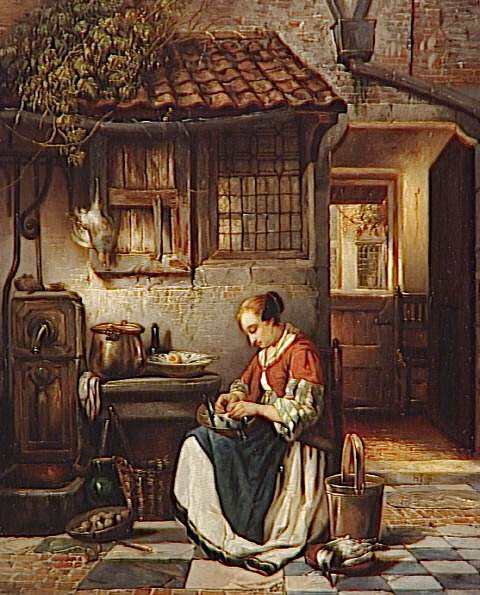 Femme plumant une volaille dans un intérieur, Leys, Henri, 2e quart du XIXe siècle (vers 1840)