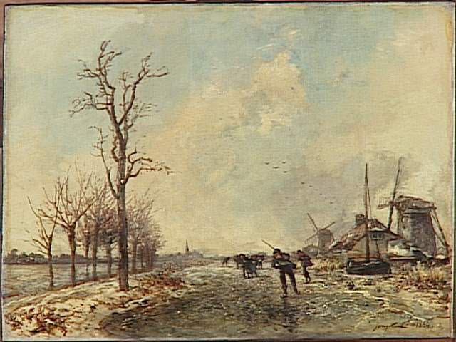 Patineurs hollandais avec deux moulins à droite, Jongkind, Johan Barthold, 3e quart du XIXe siècle (1864)