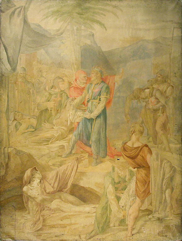 Saint Louis, dans son camps, pansant lui-même les militaires atteints de la peste., Gautherot, Claude, 1e quart du XIXe siècle (1800 - 1825)